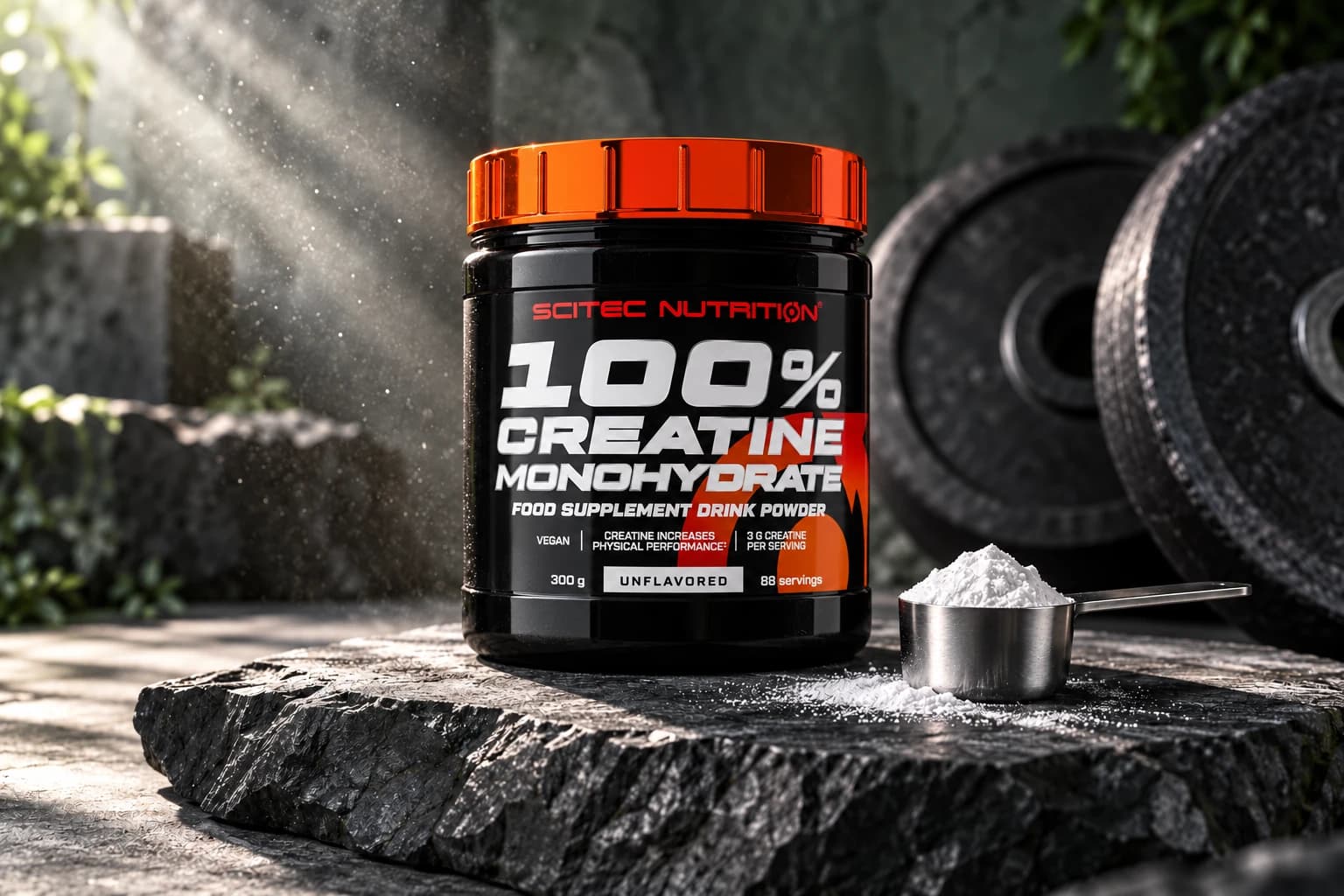 Scitec Nutrition 100% Creatine Monohydrate із мірною ложкою на кам’яній платформі